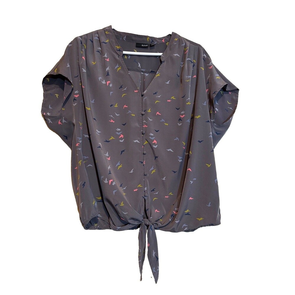 a.n.a A New Approach XL  Gray Bird Print Tie Waist Blouse 100% Polyester